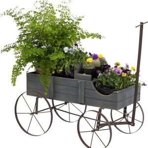 Shine Company 4941GY Decorative Wagon Garden Planter | Wooden Wagon Yard Decor for Outdoor Plants | Small – Gray