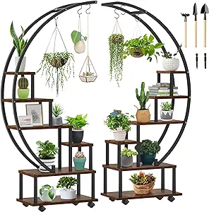 Seeutek 2 pcs 6 Tier Tall Metal Indoor Plant Stands with Hanging Loop,Half Moon Shaped Ladder Plant Shelf Holder,Multiple Plant Stand Flower Pot Rack for Home Decor Patio Lawn Garden